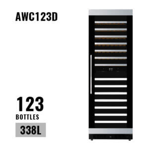 AAVTA – London, UK  Wine Cooler 123 Bottles Dual Zone Completely Built-In 3 Layered Smoked Glass Wooden Shelves