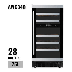 AAVTA – London, UK  Wine Cooler 28 Bottles Dual Zone Completely Built-In 3 Layered Smoked Glass Wooden Shelves