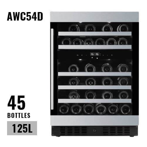 AAVTA – London, UK  Wine Cooler 45 Bottles Dual Zone Completely Built-In 3 Layered Smoked Glass Wooden Shelves